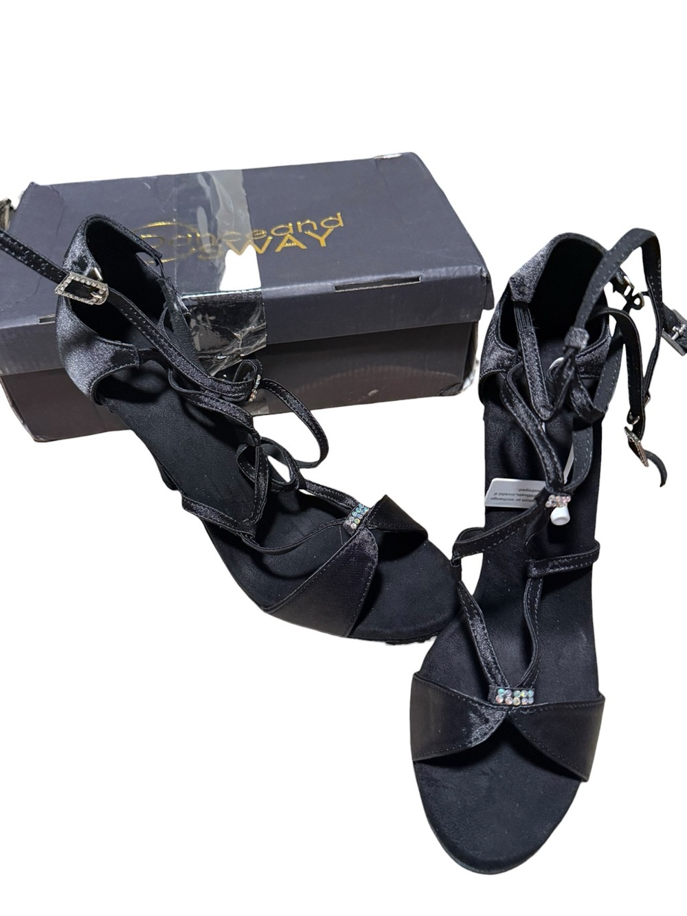 Women's Black Satin Strappy Dance Heels with Rhinestone Detail 4” Heels